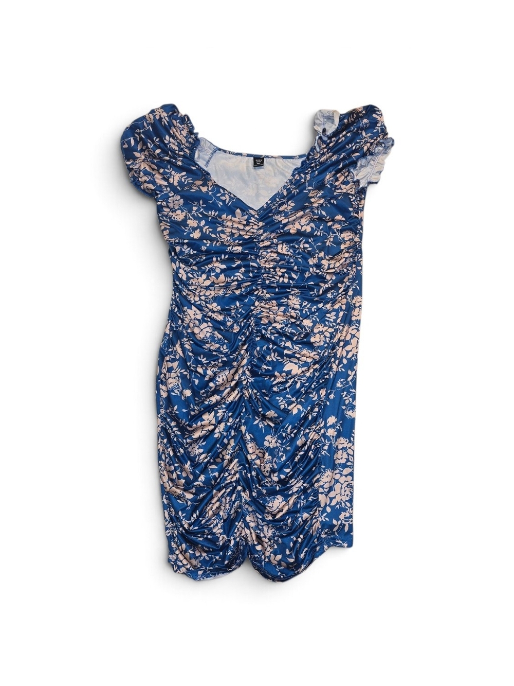 SHEIN Blue Floral Ruched Puff Sleeve Dress